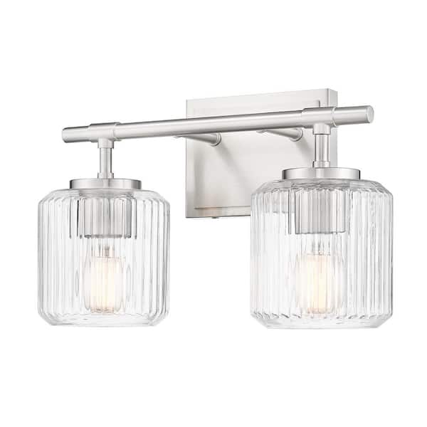 Landon 14 in. 2 Light Brushed Nickel Vanity Light with Clear Ribbed Glass Shades