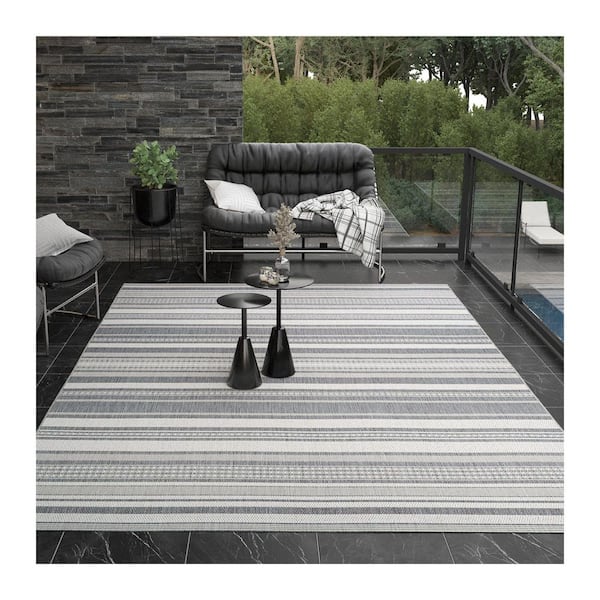 Recife Gazebo Stripe 8 ft. x 8 ft. Ivory-Silver Square Indoor/Outdoor Area Rug