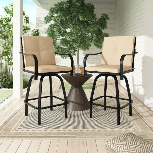 Nuu Garden 2 Piece Outdoor Metal Patio Swivel Stools Chairs with Red Cushion and Armrest, Bar Height, Black