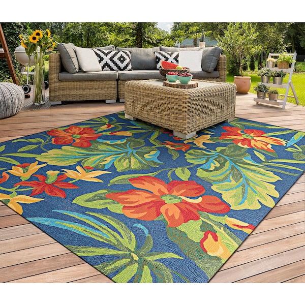 Covington Tropical Orchid Azure-Forest Green-Red 2 ft. x 4 ft. Indoor/Outdoor Area Rug