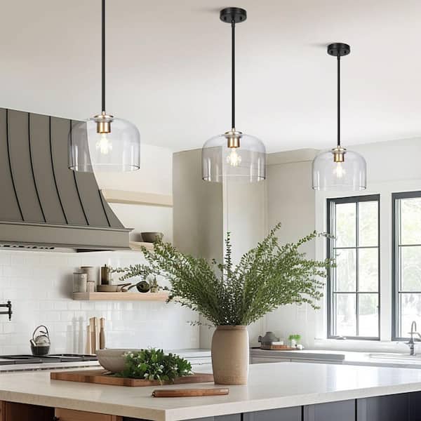 Modern 1-Light Black Pendant Light for Kitchen Island, Minimalistic Gold Pendant Lamp with Dome Clear Glass Shade