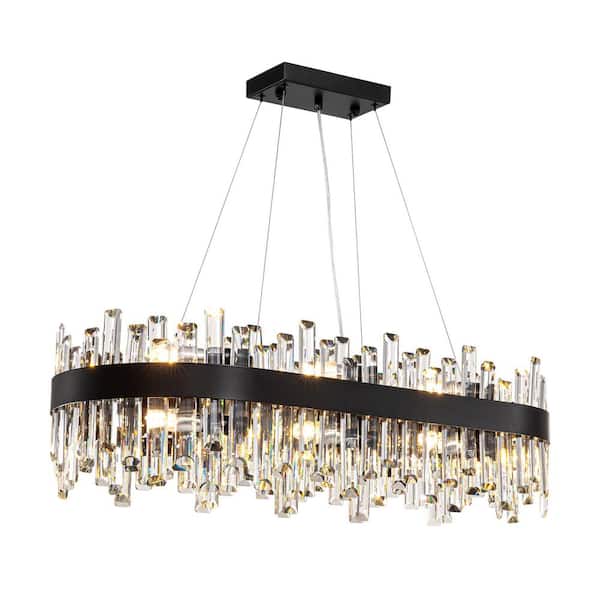 35.5 in. Dimmable 16-Light Crystal Chandelier Modern Black Rectangular Chandelier with Clear and Crystal Accents