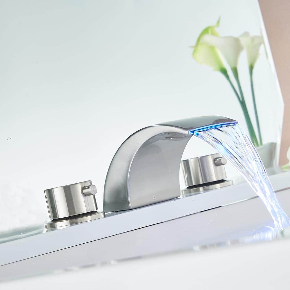 Brushed Nickel 8-Inch Widespread LED Bathroom Faucet with Pop-Up Drain