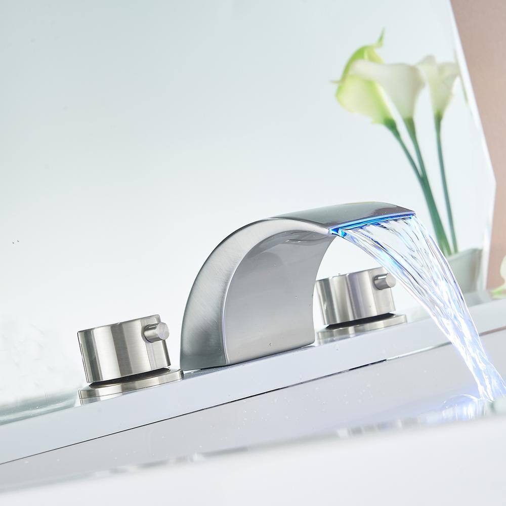 Brushed Nickel LED Waterfall Widespread Bathroom Faucet