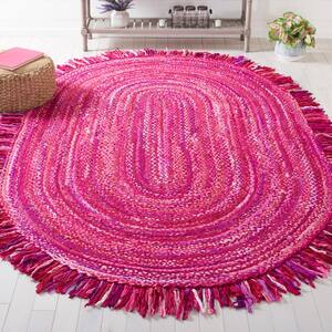 Braided Pink Fuchsia Doormat 3 ft. x 5 ft. Abstract Striped Oval Area Rug