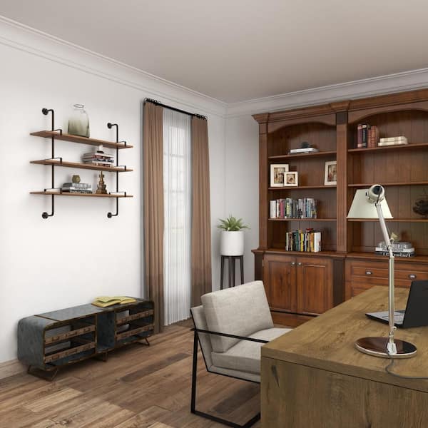 Litton Lane 38 in. x 38 in. Brown 3 Level Wood Wall Shelf with