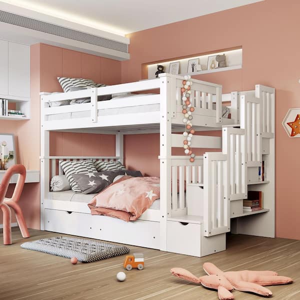 Polibi White Full Over Full Bunk Bed with Shelves and 6 Storage Drawers
