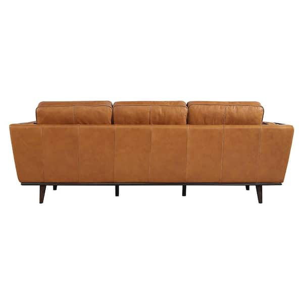 Austin 91 in. W Square Arm Genuine Leather Mid Century Modern Rectangle  Living Room Sofa in Brown