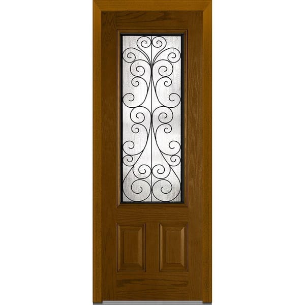 MMI Door 36 in. x 96 in. Camelia Right-Hand Inswing 3/4-Lite Decorative Mediterranean Stained Fiberglass Oak Prehung Front Door