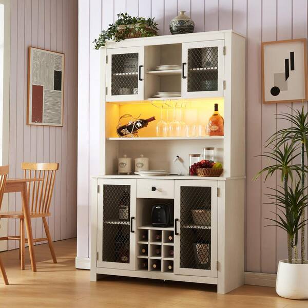 FUNKOL 41.73 in. x 15.75 in. x 70.87 in. White MDF Kitchen Storage Cabinet with LED Outlet, Wine Rack and 4-Doors
