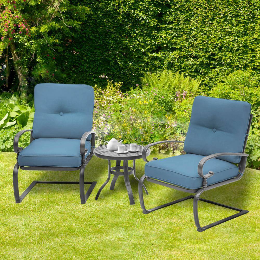 Modern Blue Cushioned Iron Armchair Bistro Set