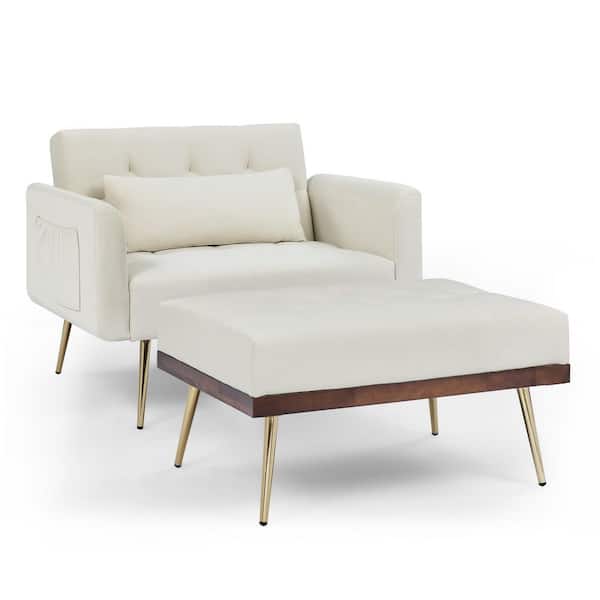 Unbranded Beige Nordic Velvet Sofa Recline Chair with Ottoman and Two Arm Pocket