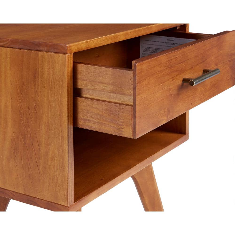 Mid Century Modern Solid Wood Nightstand with Drawer in Castanho Finish