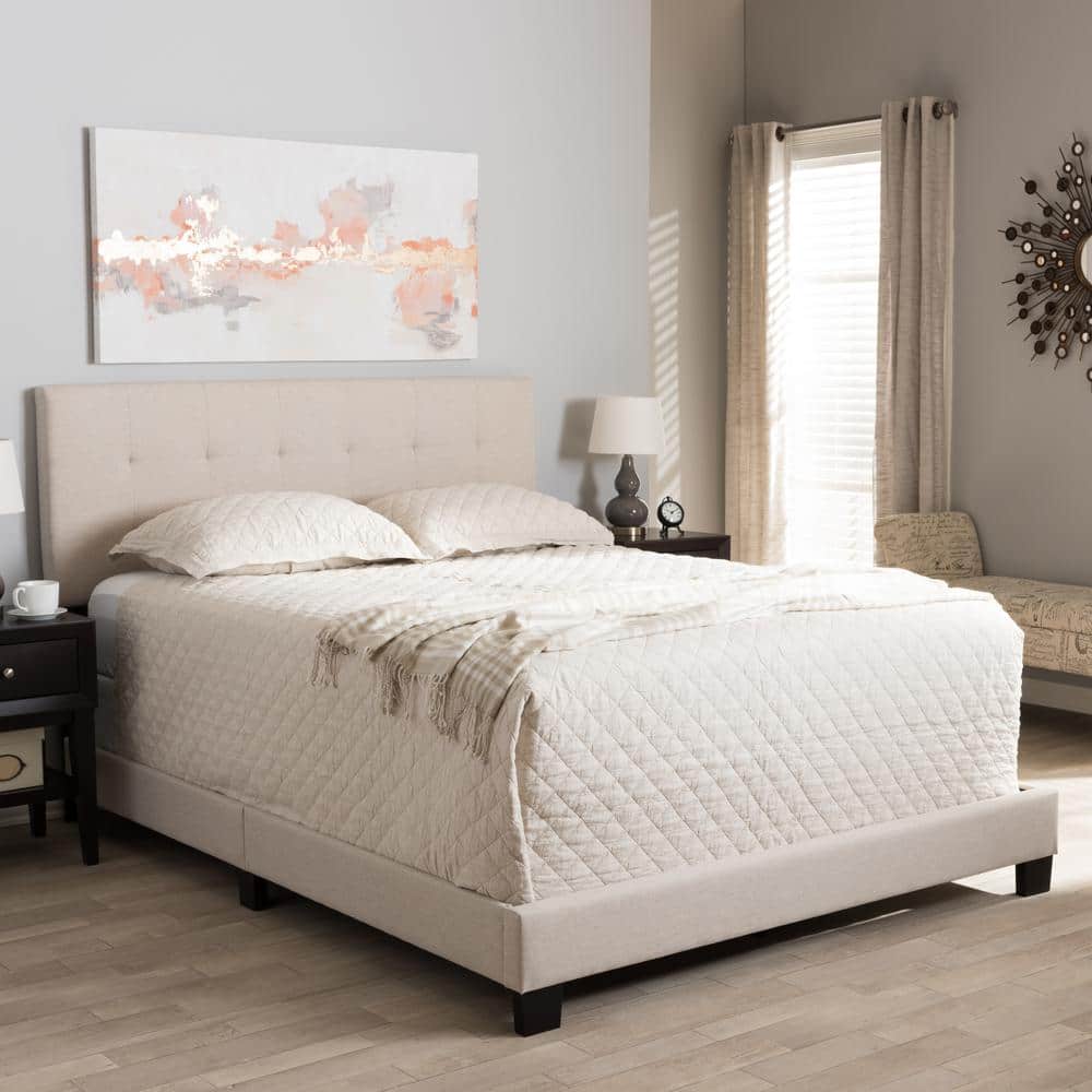 Beige Tufted Upholstered Queen Bed with Wood Frame