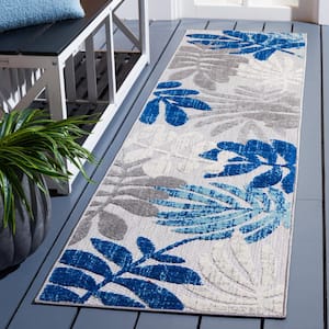 Cabana 2 ft. x 8 ft. Gray/Blue Abstract Palm Leaf Indoor/Outdoor Runner Rug