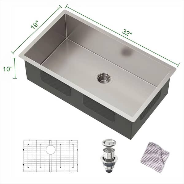 32 x 19 in. Undermount Single Bowl 16 Gauge Brushed Nickel Stainless Steel Kitchen Sink with Strainer and Bottom Grids