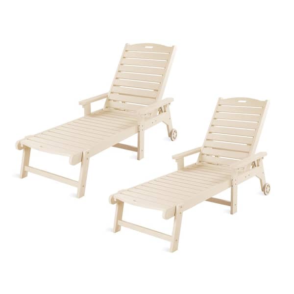 LUE BONA Helen Sand Recycled Plastic Plywood Outdoor Reclining Chaise Lounge Chairs with Wheels for Poolside Patio (Set of 2)