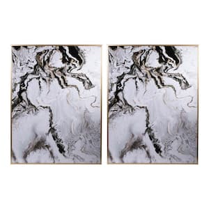 1.8 in. x 30.5 in. White Ultra Modern White Black and Gold Marblized Wall Art 2-Piece