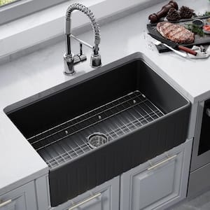 Black Stripe Fireclay 33 in. Single Bowl Farmhouse Apron Kitchen Sink with Bottom Grid and Basket Strainer