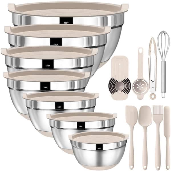 Khaki Mixing Bowls with Airtight Lids, 20 Piece Stainless Steel Metal Nesting Bowls, Non-Slip Silicone Bottom