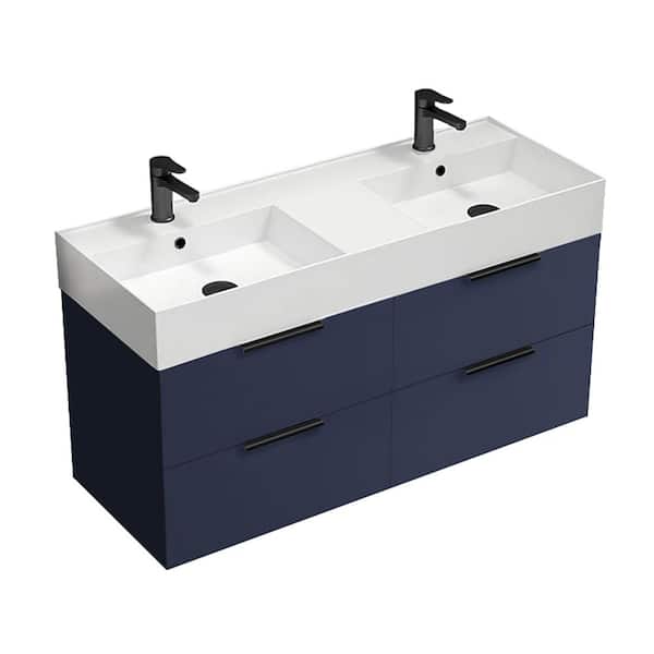 Derin 47.64 in. W x 18.11 in. D x 25.2 in. H Modern Wall Mounted Bathroom Vanity in Night Blue with White Ceramic Top