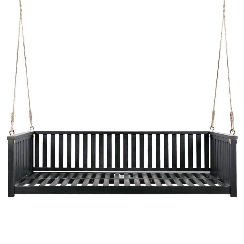 79.1in. W 2 Person Black Acacia Wood Porch Swing with Ropes
