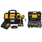 20V MAX Cordless Compact 1/2 in. Hammer Drill/Driver, Mech Tool Set (108 Piece), and (2) 20V 1.3Ah Batteries