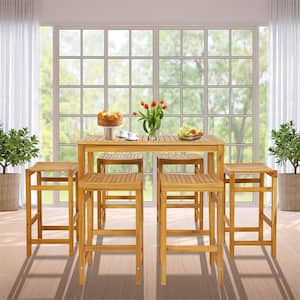 7-Piece Rectangular Teak Acacia Wood Top Bar Table (Set Seats 6 )