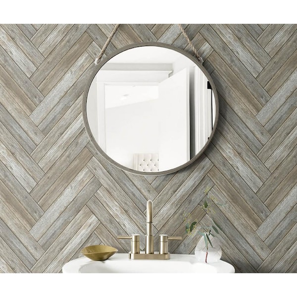 Chevron Wood Gray And Beige Vinyl Peel & Stick Wallpaper Roll (Covers 30.75 Sq. Ft.)