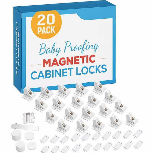 Magnetic White Adhesive Child Safety Spring Latch Door Catch for Cabinets and Drawers 20-Pack