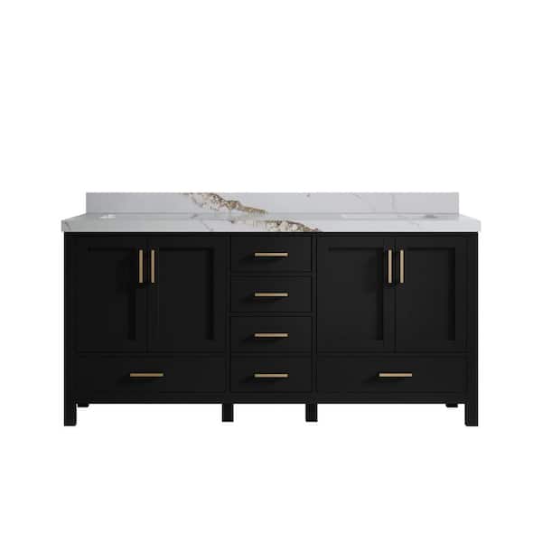 Willow Collections Malibu 72 in. W x 22 in. D x 36 in. H Double Sink Bath Vanity in Black with 2 in. Calacatta Gold Top