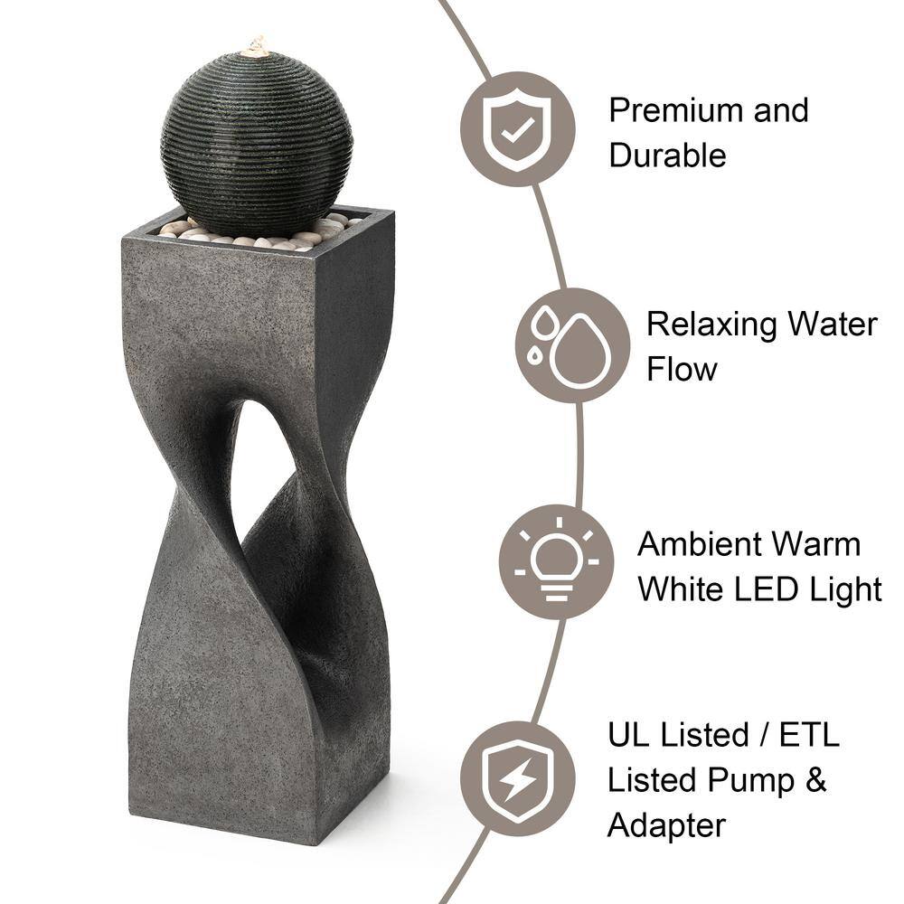 Modern Gray Polyresin Pedestal Fountain with LED Light