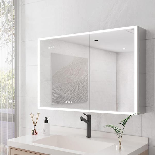36 in. W x 24 in. H Silver Rectangular Aluminum Dimmable LED Light Medicine Cabinet with Mirror, Clock and Temp Display