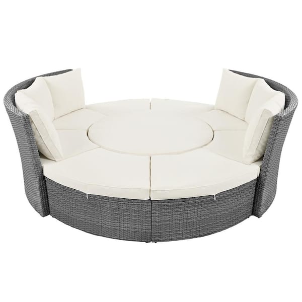 Zeus & Ruta Gray Wicker 5-Piece Patio Outdoor Day Bed with Beige Cushions and Round Liftable Table