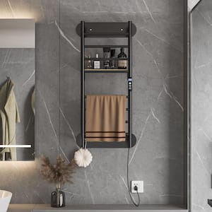 12.8 in. Wall-Mounted Electric Plug-in Lavatory Towel Warmer 7-Towel Holders with Heated Towel Bars, Shelf, in Black