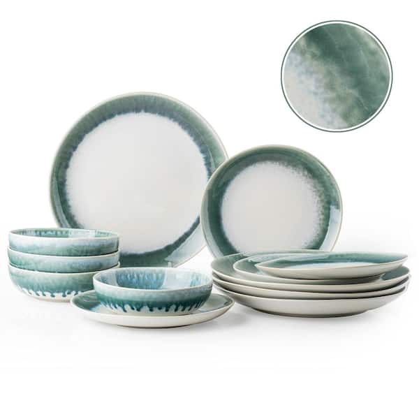 Moon 12-Piece Modern Reactive Glaze Emerald Green Stoneware Dinnerware Set Service for 4 Set
