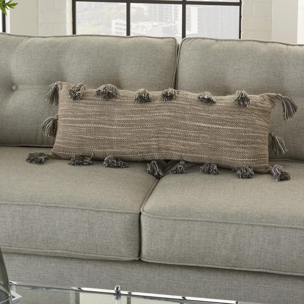 Charcoal Gray Linen-Textured Lumbar Throw Pillow with Tassels, 13"x33"