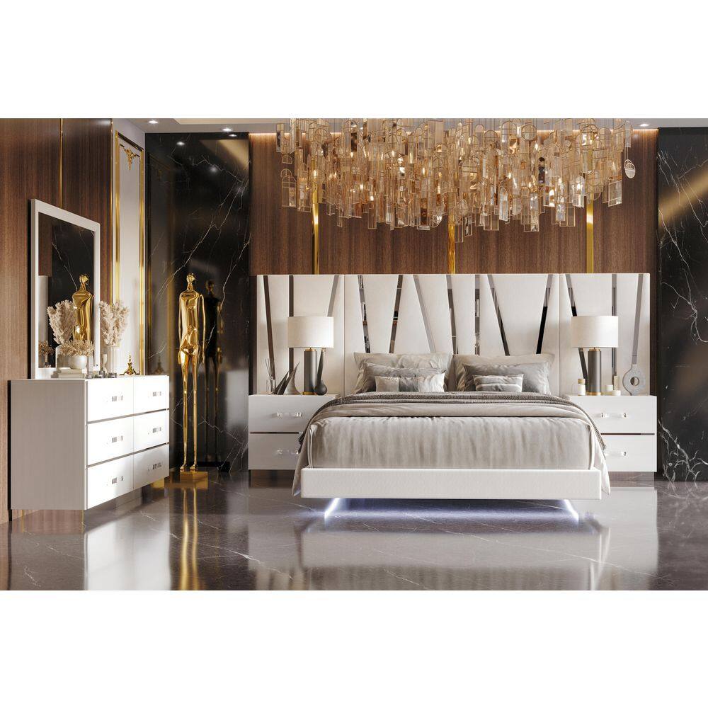 Europa White Queen Panel Bed Set with Dresser, Mirror, Nightstands