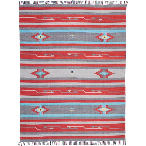 8 ft. x 10 ft. Gray and Red Southwestern Handmade Area Rug with Fringe