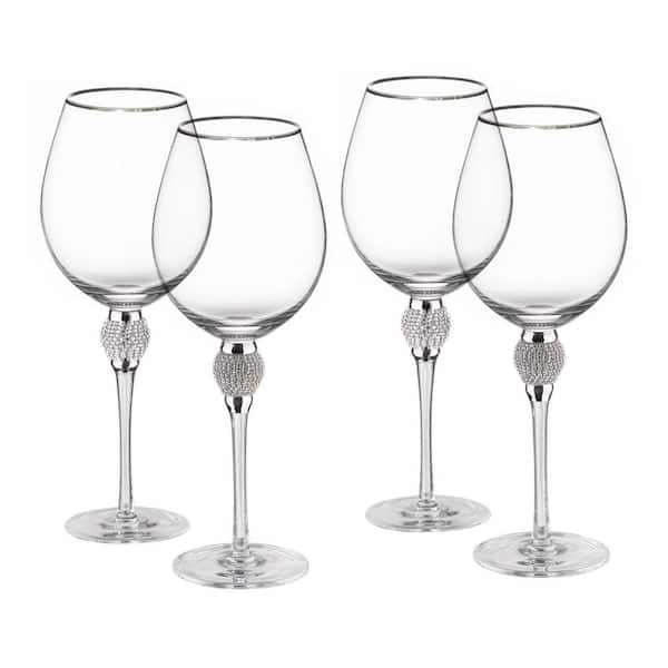 (Set of 4) Silver -Rimmed Red Wine Glasses with Diamond Rhinestone Accent 18 Oz. 10 in. Tall