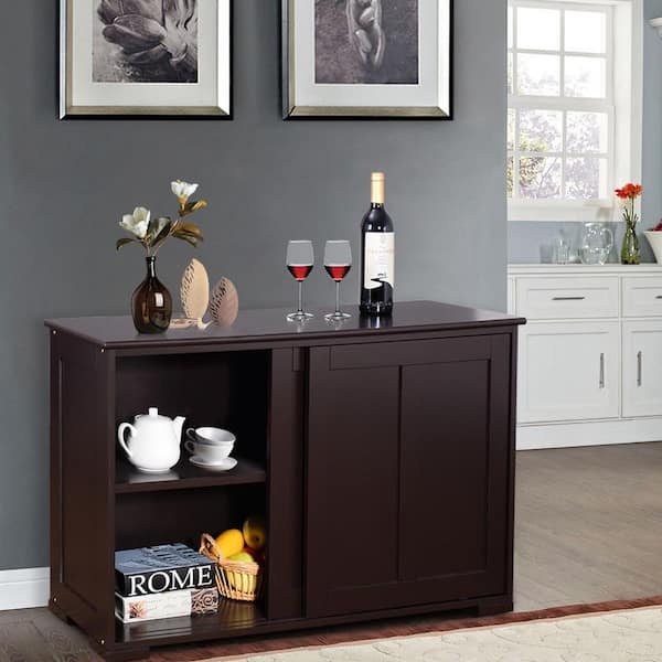 Kitchen Storage Cabinet With Wood Sliding Door Brown, Buffet Table With Sliding Doors