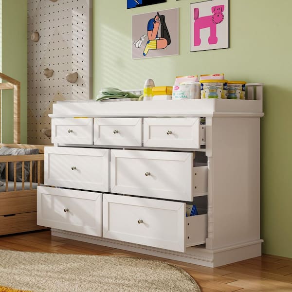 White Wood Changing Table with 7-Drawers, Guardrail Top, Anti-Tip Safety Feature
