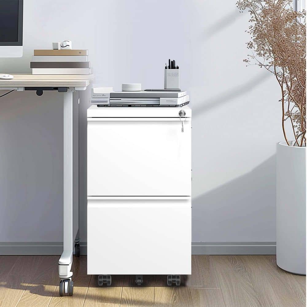 2-Drawer White Metal 14.69 in. W Under Desk Pedestal File Cabinet w/ Wheels, Rolling File Cabinet with Lock