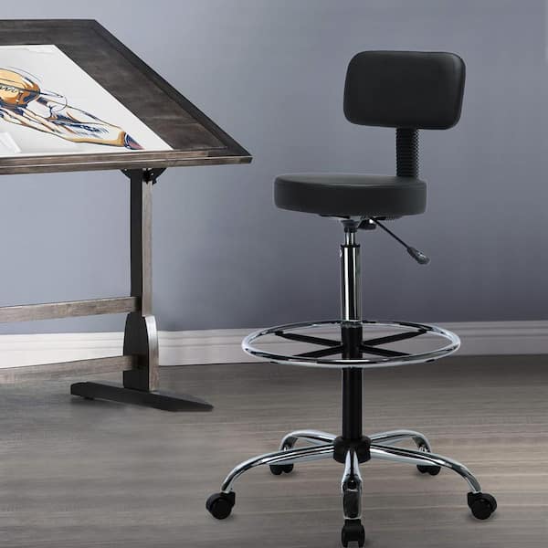 HOMESTOCK Black Faux Leather Drafting Stool for Office, Studio, Adjustable Height with Backrest and Rolling Wheels