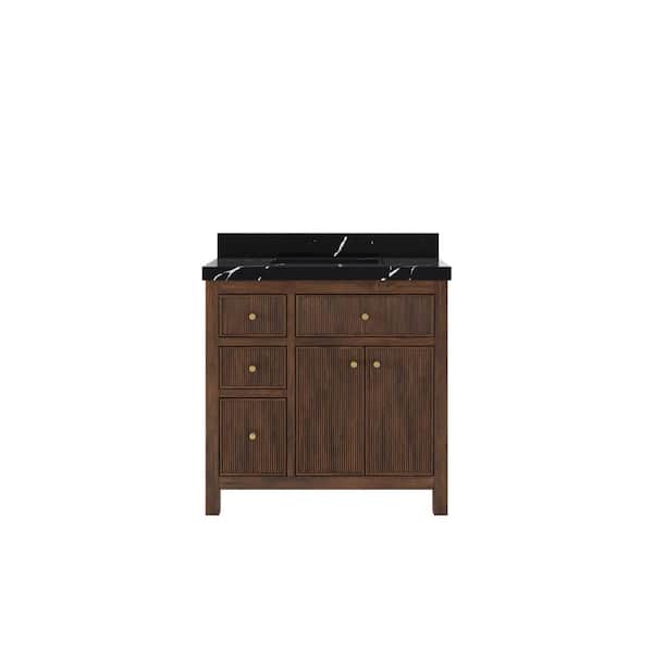Sonoma Teak 36 in. Single Sink Freestanding Dark Walnut Bath Vanity with Calcutta Black Quartz Top Unassembled