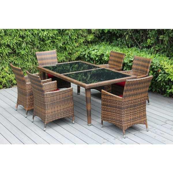 Ohana Depot Mixed Brown 7-Piece Wicker Patio Dining Set with Supercrylic Red Cushions