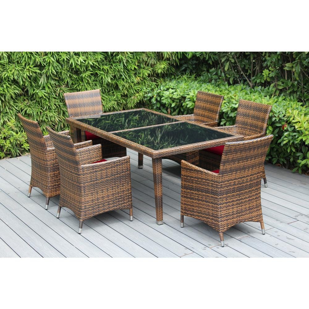 Ohana Depot Mixed Brown 7Piece Wicker Patio Dining Set with Sunbrella
