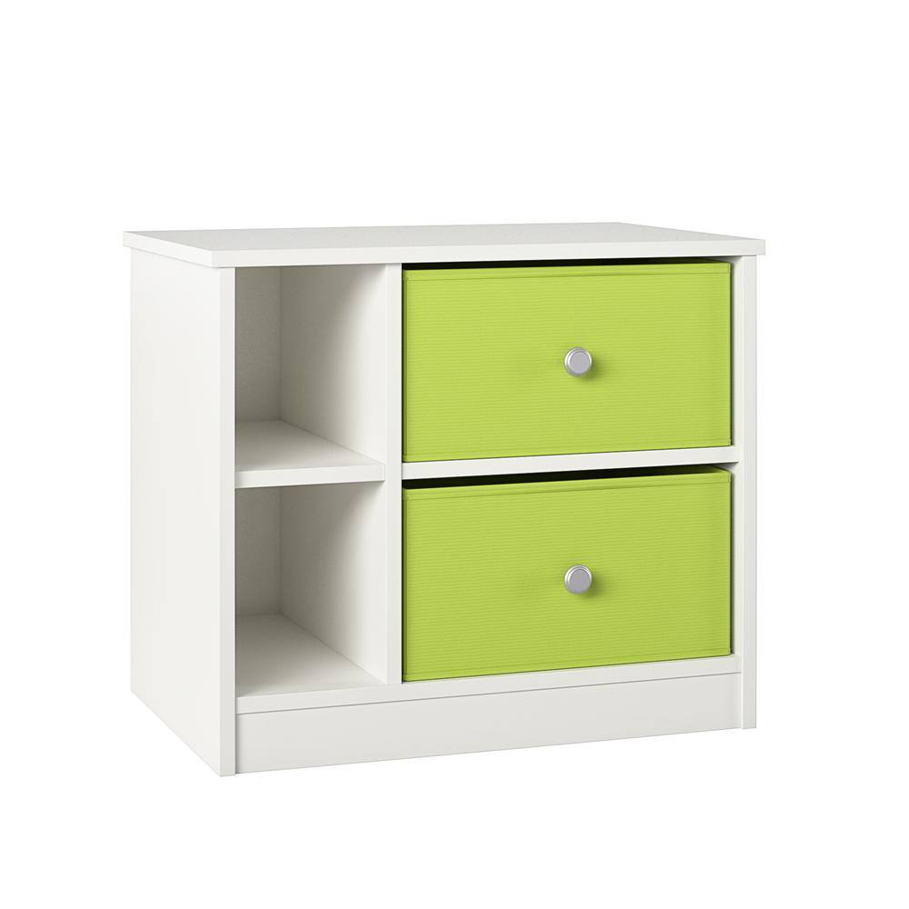 White and Green 2-Drawer Nightstand with Fabric Bins