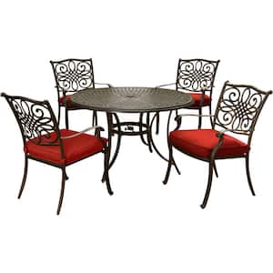 Traditions 5-Piece Round Outdoor Dining Set with Red Cushions