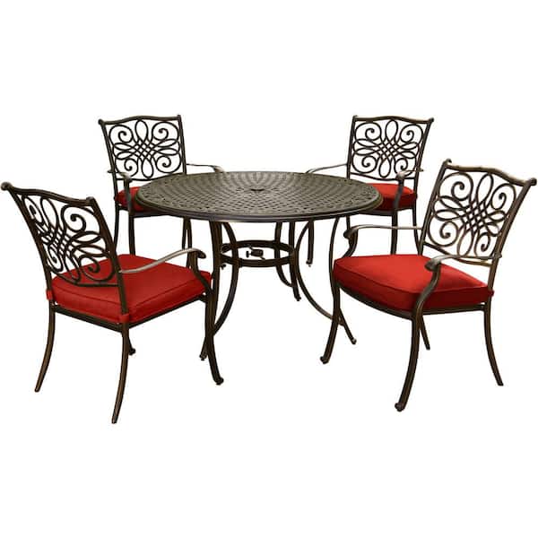 Hanover Traditions 5-Piece Round Outdoor Dining Set with Red Cushions